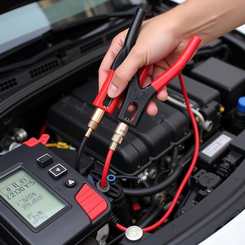 Connecting a car battery charger to a dead battery.