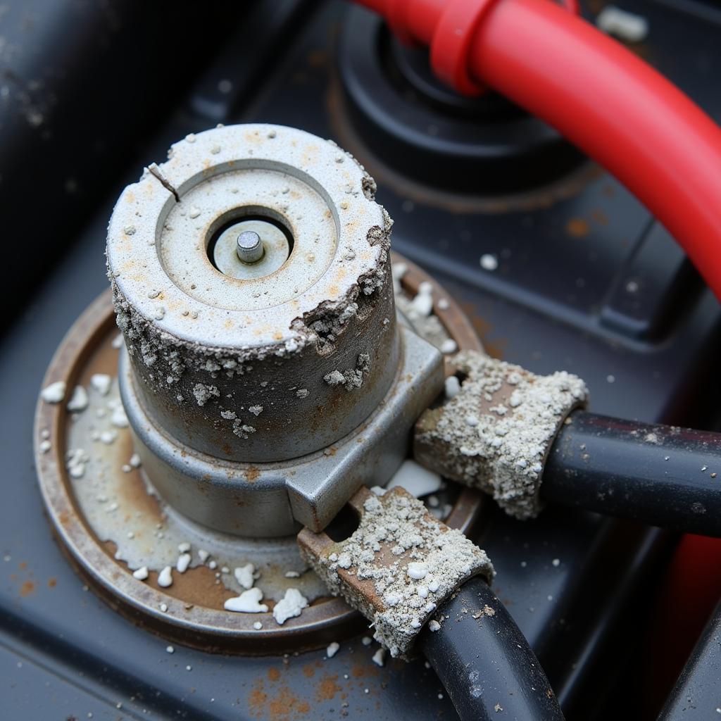 Close-up of car battery corrosion