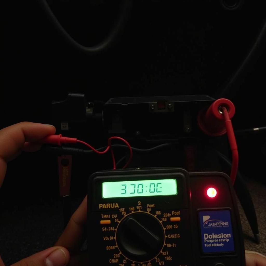 Multimeter Performing Current Draw Test on Car Battery