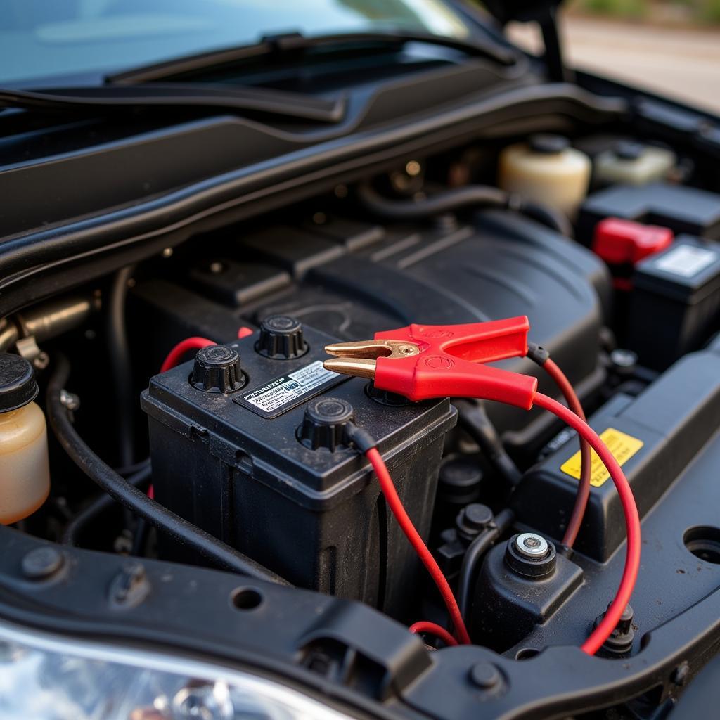 Car battery dead after a few days - Jumper cables connected to a dead car battery.