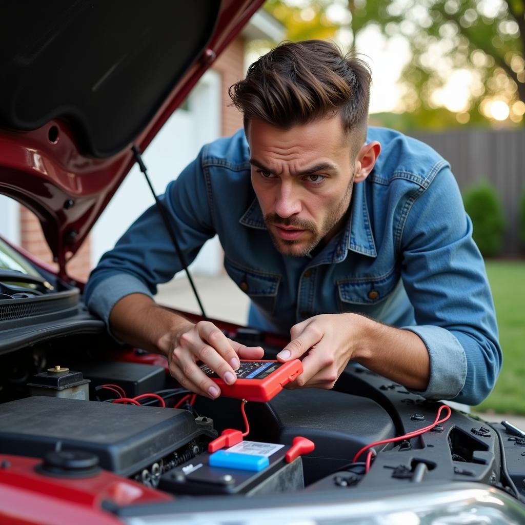 Car Battery Dies After Charging: A frustrated driver checks their car battery with a multimeter after it has died again despite a recent charge.