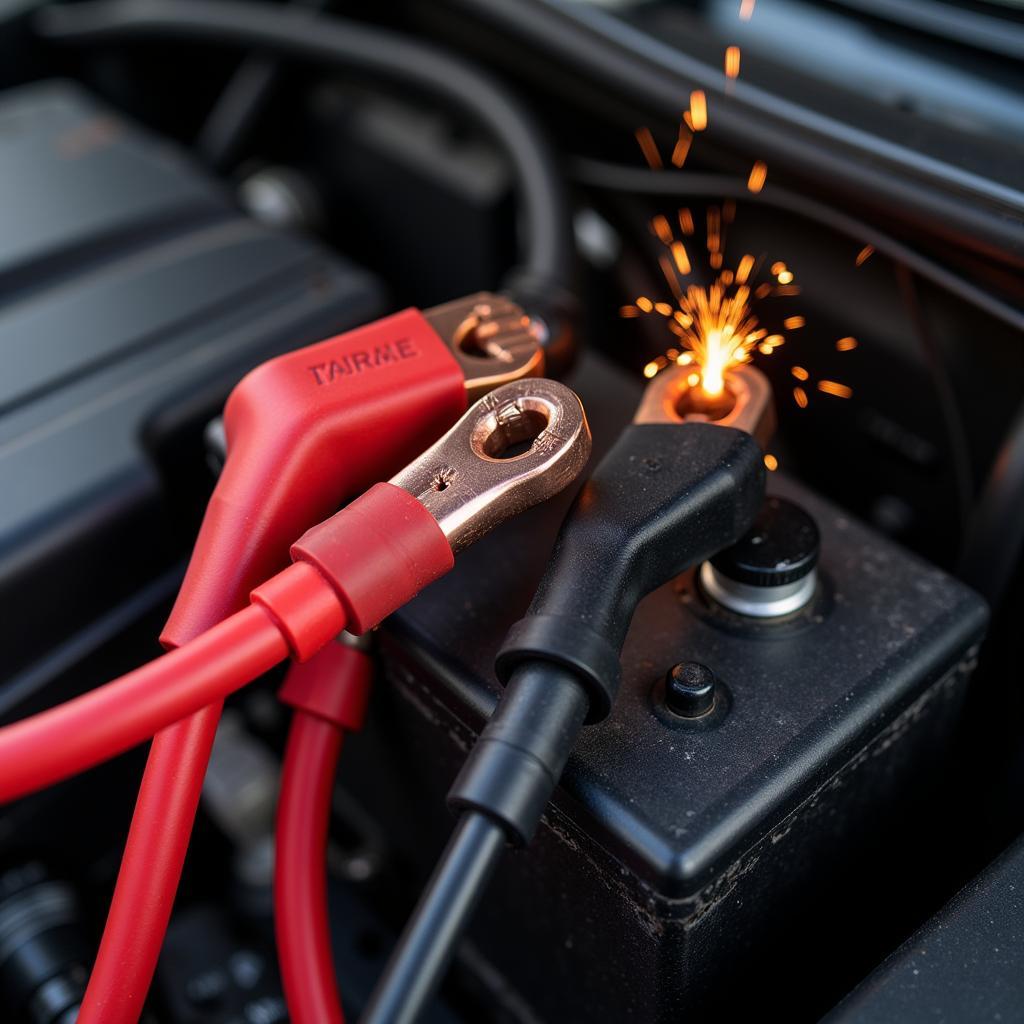 Car Battery Being Jump Started with Jumper Cables