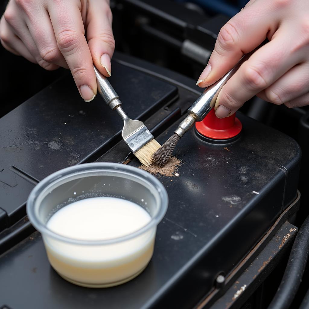 Cleaning Corroded Car Battery Terminals:  A person is cleaning the terminals of a car battery using a wire brush and baking soda solution.