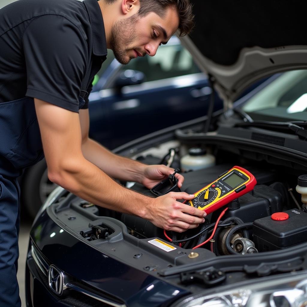 Mechanic Testing Car Battery Voltage with Multimeter