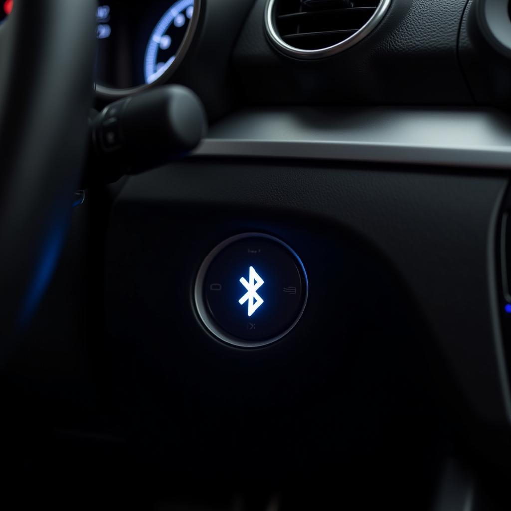 Close-up of a car's dashboard showing the Bluetooth symbol illuminated, indicating active Bluetooth connectivity.