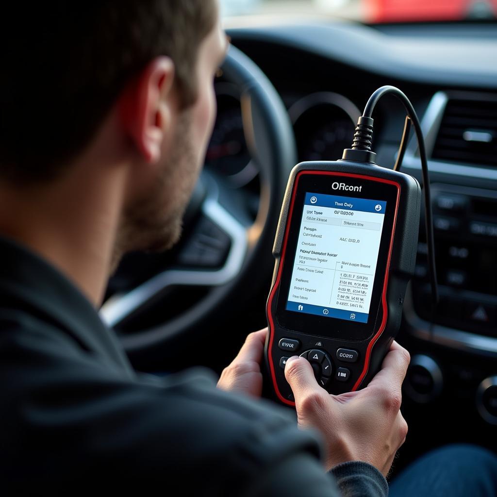 Mechanic Using Diagnostic Scan Tool on a Car