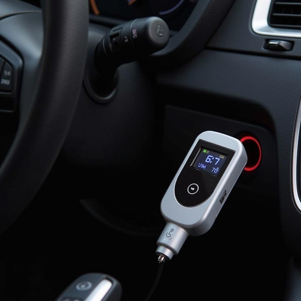 Car lighter Bluetooth transmitter plugged into a car's 12V power outlet.