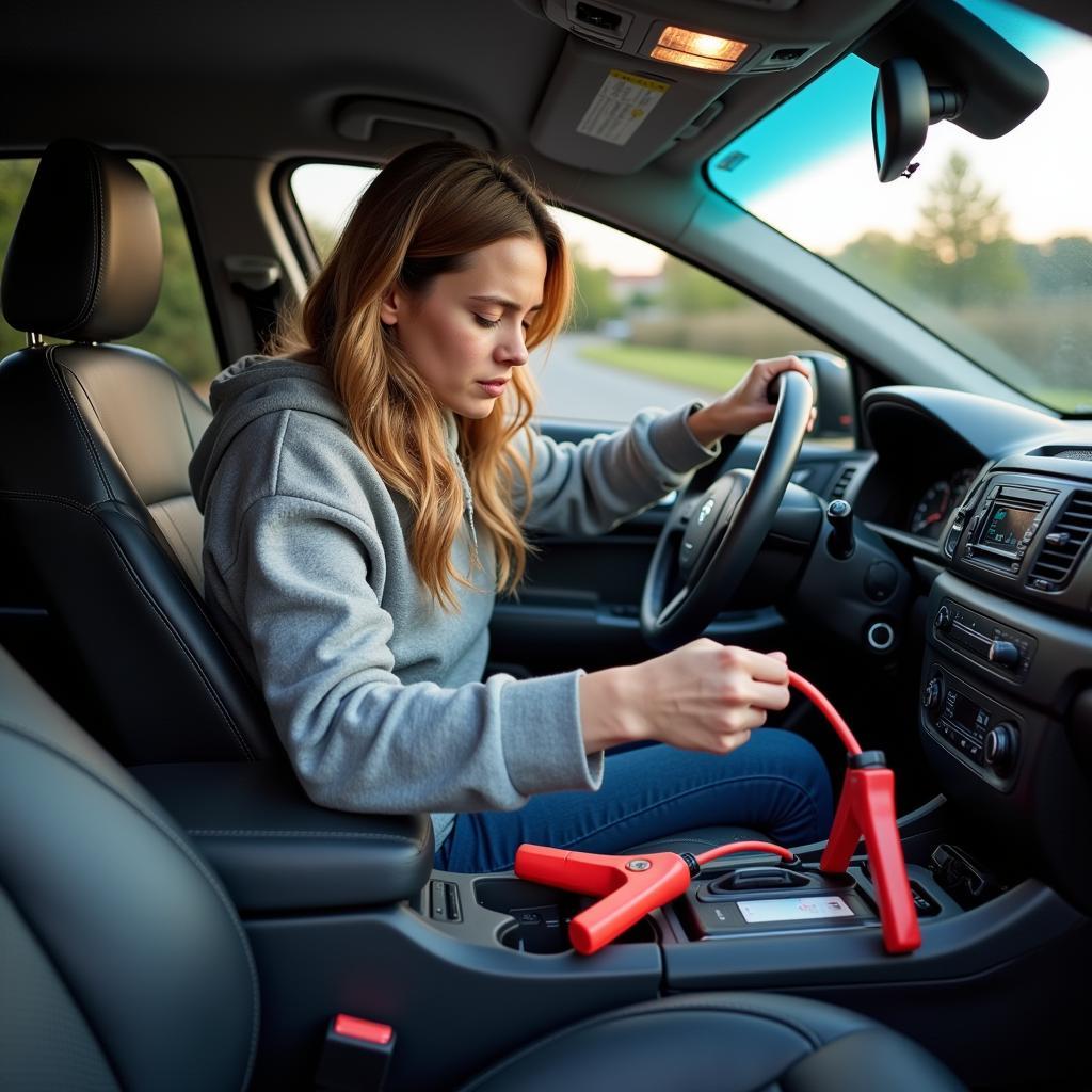 Car not starting after jump start: A frustrated driver trying to start their vehicle.