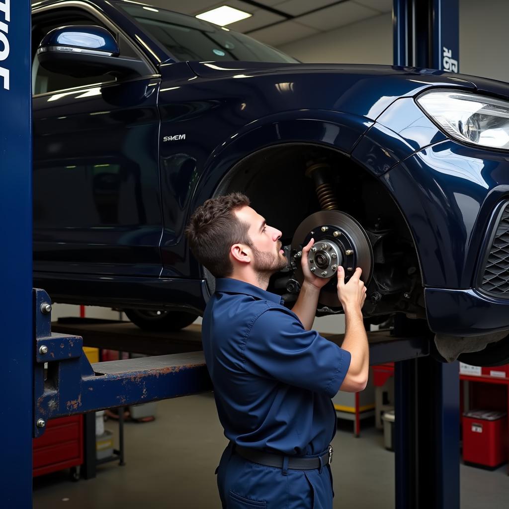 Mechanic Inspecting Car Brakes on a Lift