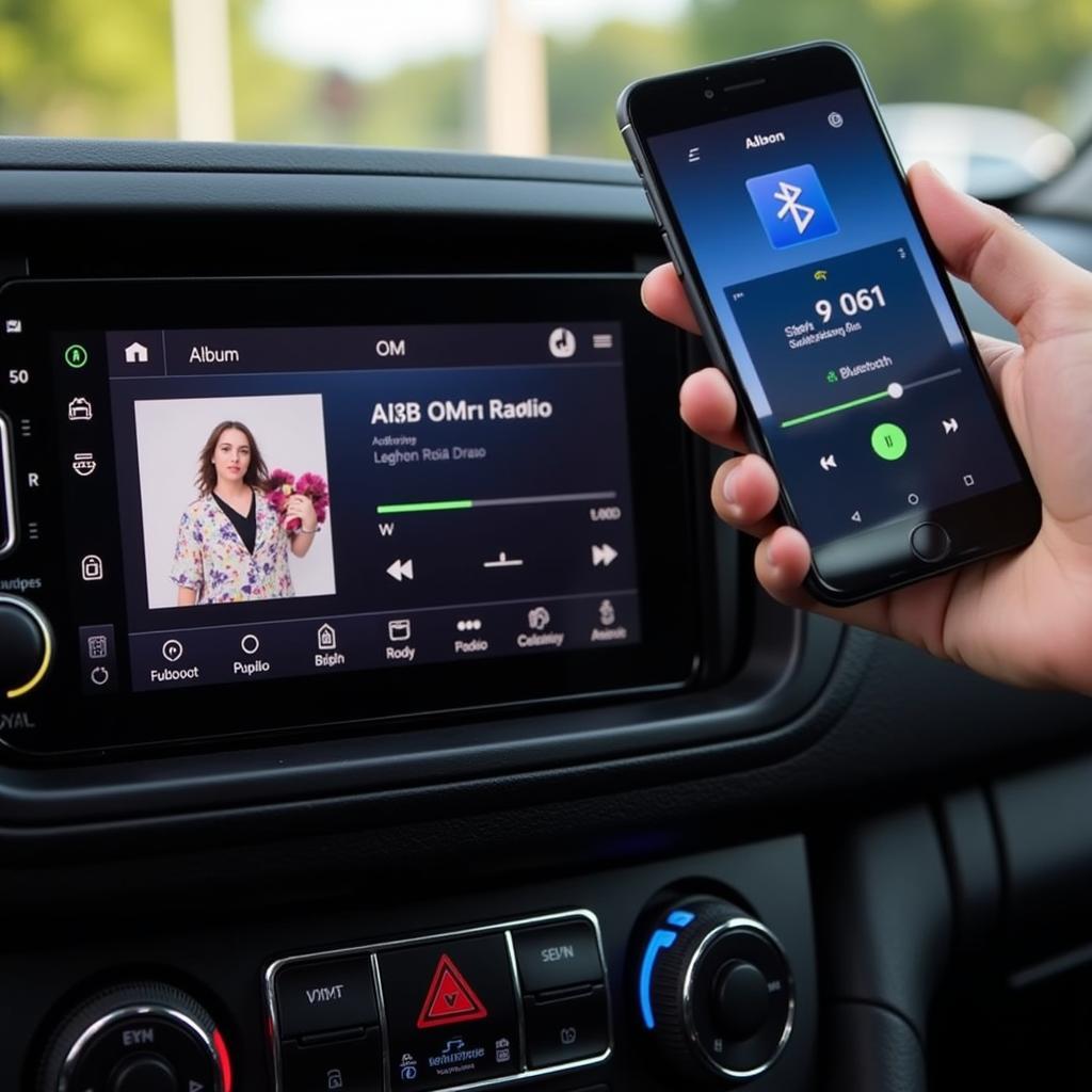 Car radio display showing DAB station and Bluetooth connection