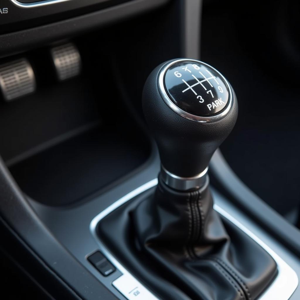 Car shifter stuck in park with the brake pedal depressed, indicating a potential issue with the shift inhibitor or the anti-theft system.