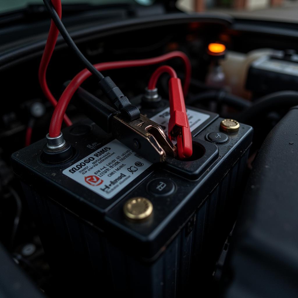 Charged Car Battery Not Starting: A close-up of a car battery with jumper cables attached, but the car still won't start.  The dashboard lights are dimly lit, suggesting a potential electrical issue beyond the battery itself.