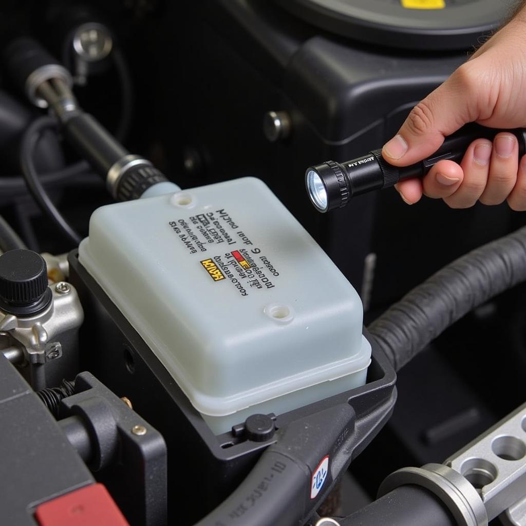 A person checking the brake fluid level in a car's engine bay.