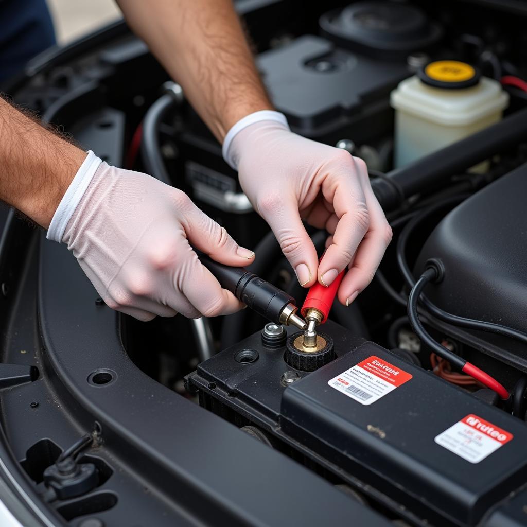 Checking car battery terminals for looseness