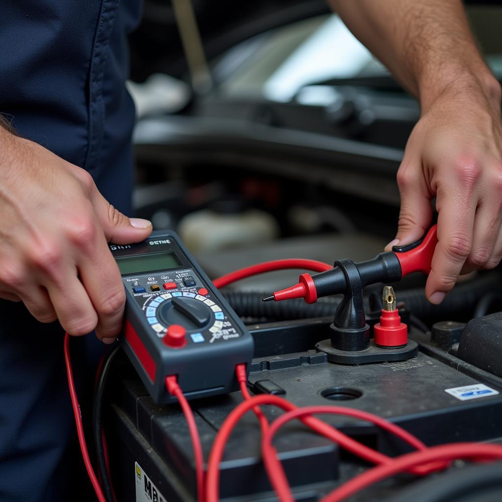 Mechanic checking car battery voltage with a multimeter to diagnose draining issue.