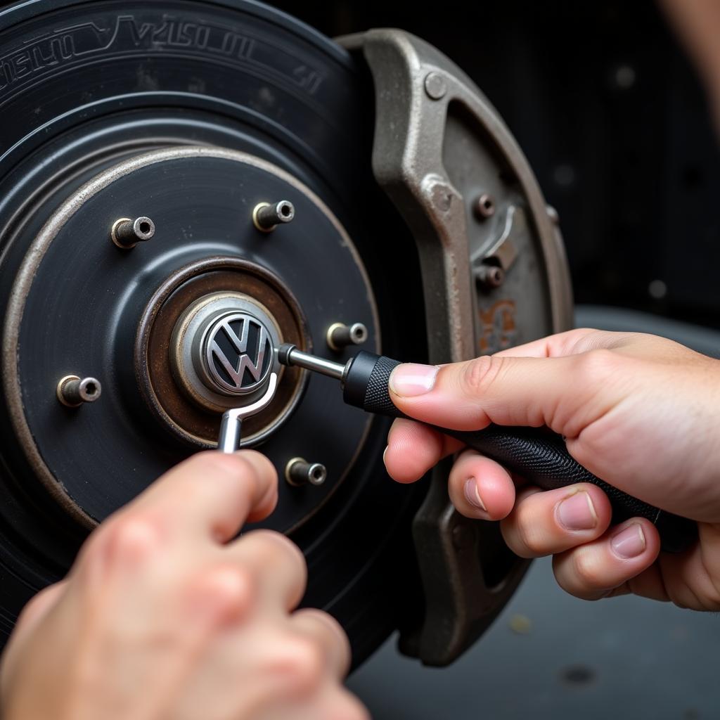 Mechanic Inspecting VW Passat Brake Pads