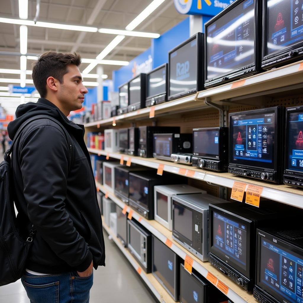 Selecting a car stereo at a Walmart store