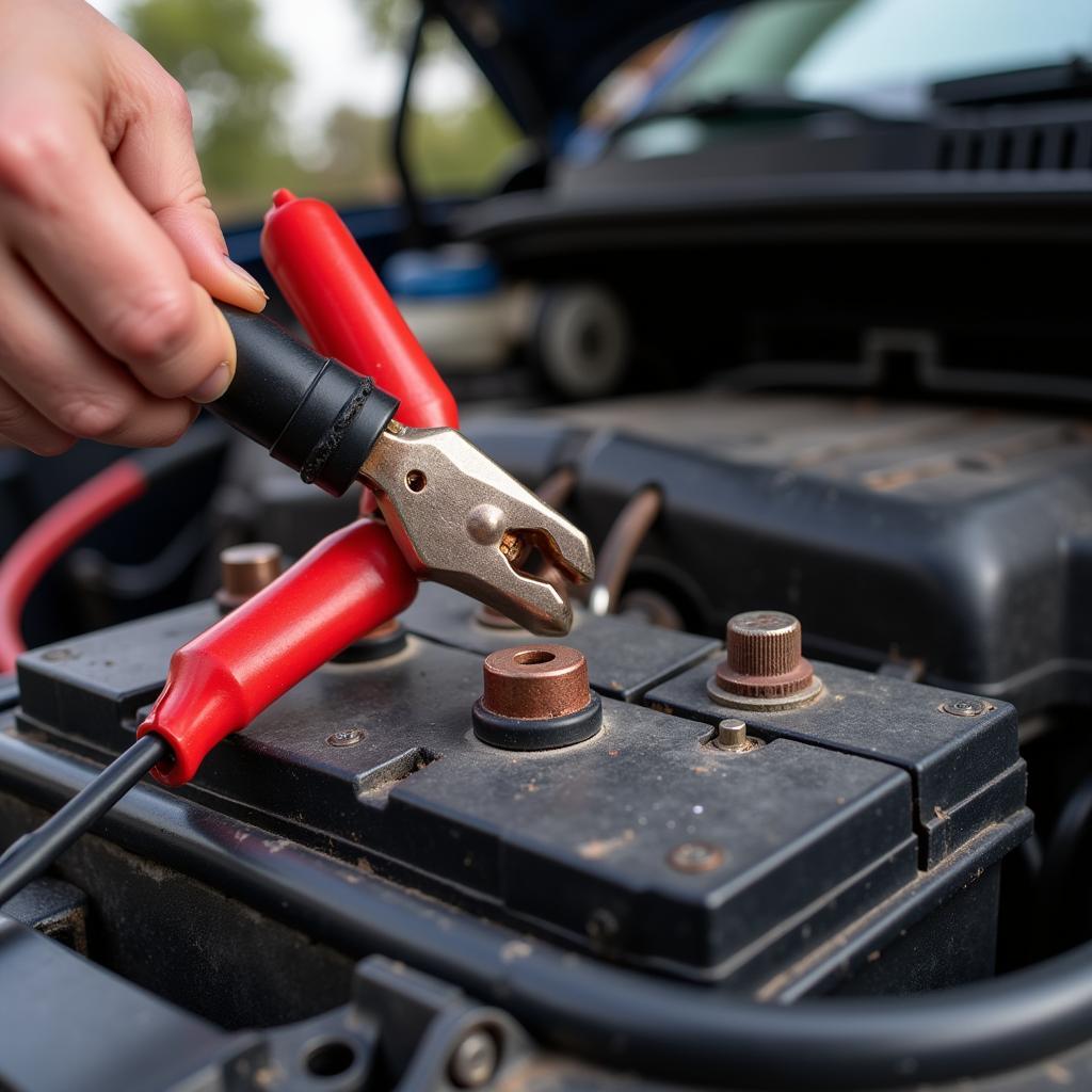 Car Battery Jumper Cables Connected to a Dead Battery with Clicking Noise