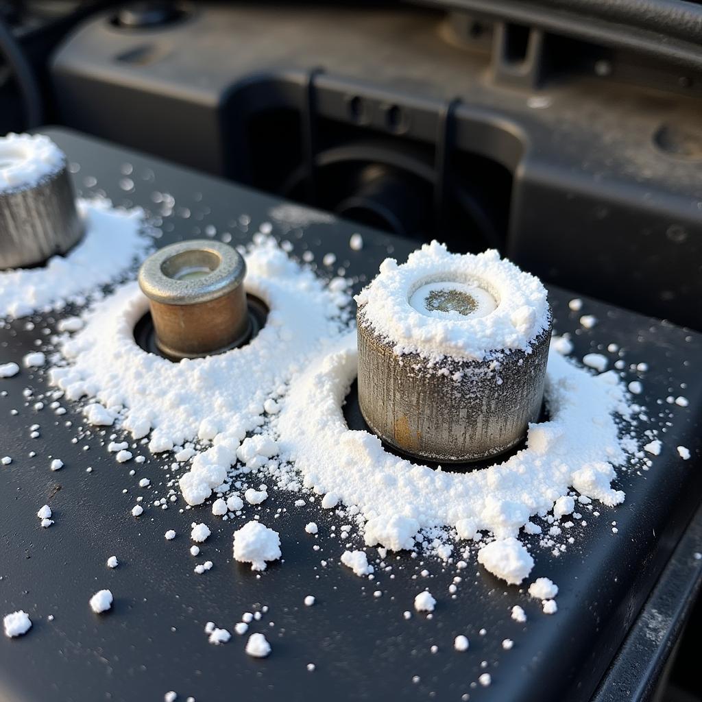 Close-up of corroded car battery terminals