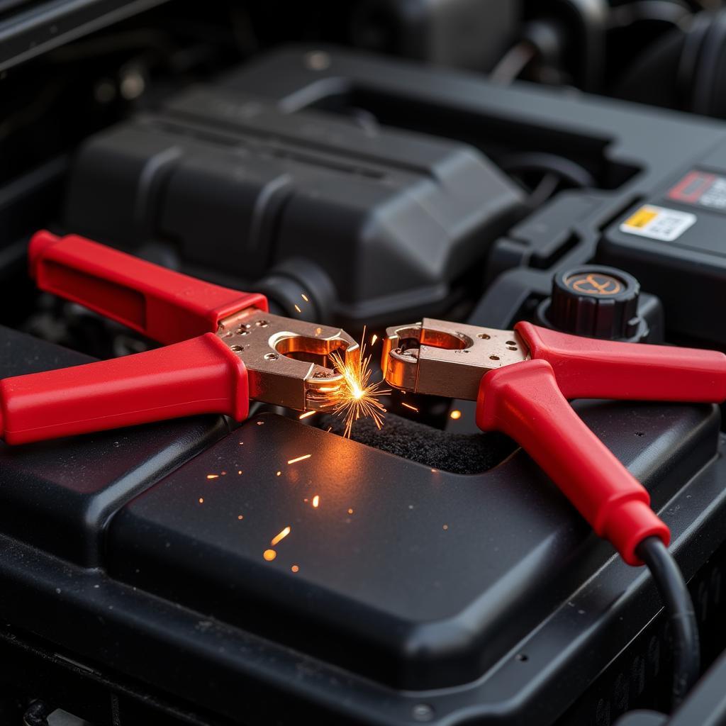 Car Battery Clicking Sound: A Close-up view of a car battery with jumper cables attached, emitting clicking sounds. The positive and negative terminals are clearly visible, along with the cables connected for a jump start. Sparks are visible near the terminals, indicating a connection issue. The background shows the darkened engine bay of a car.