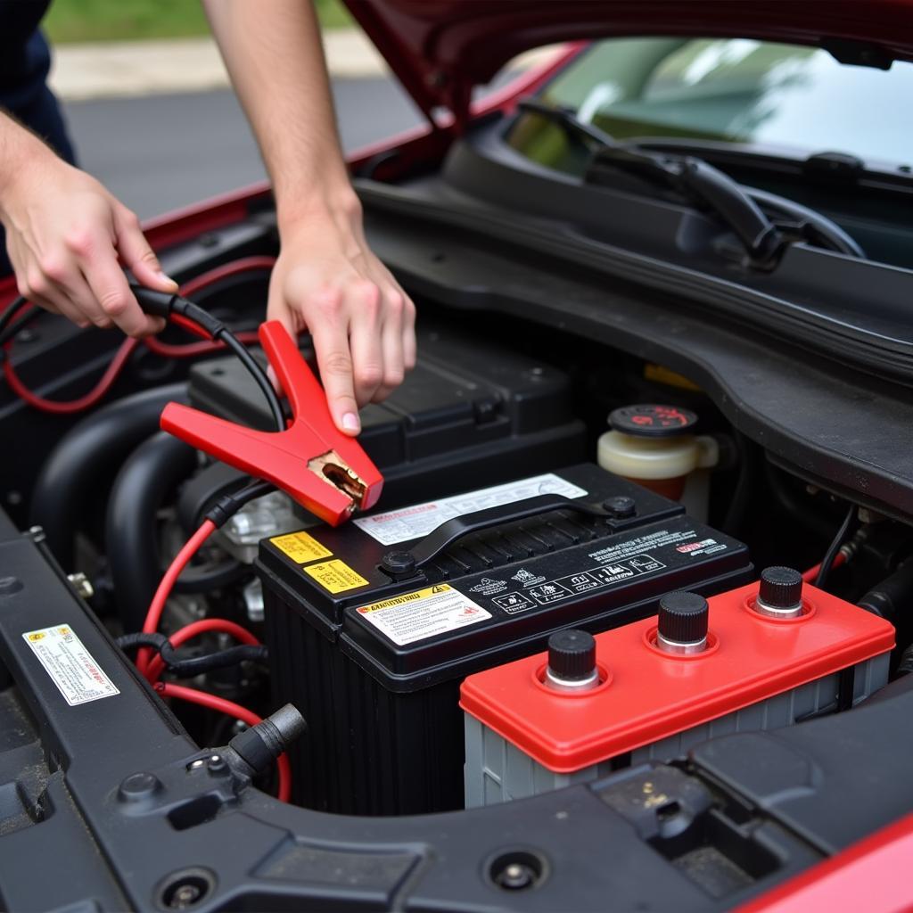 Jump starting a dead car battery.