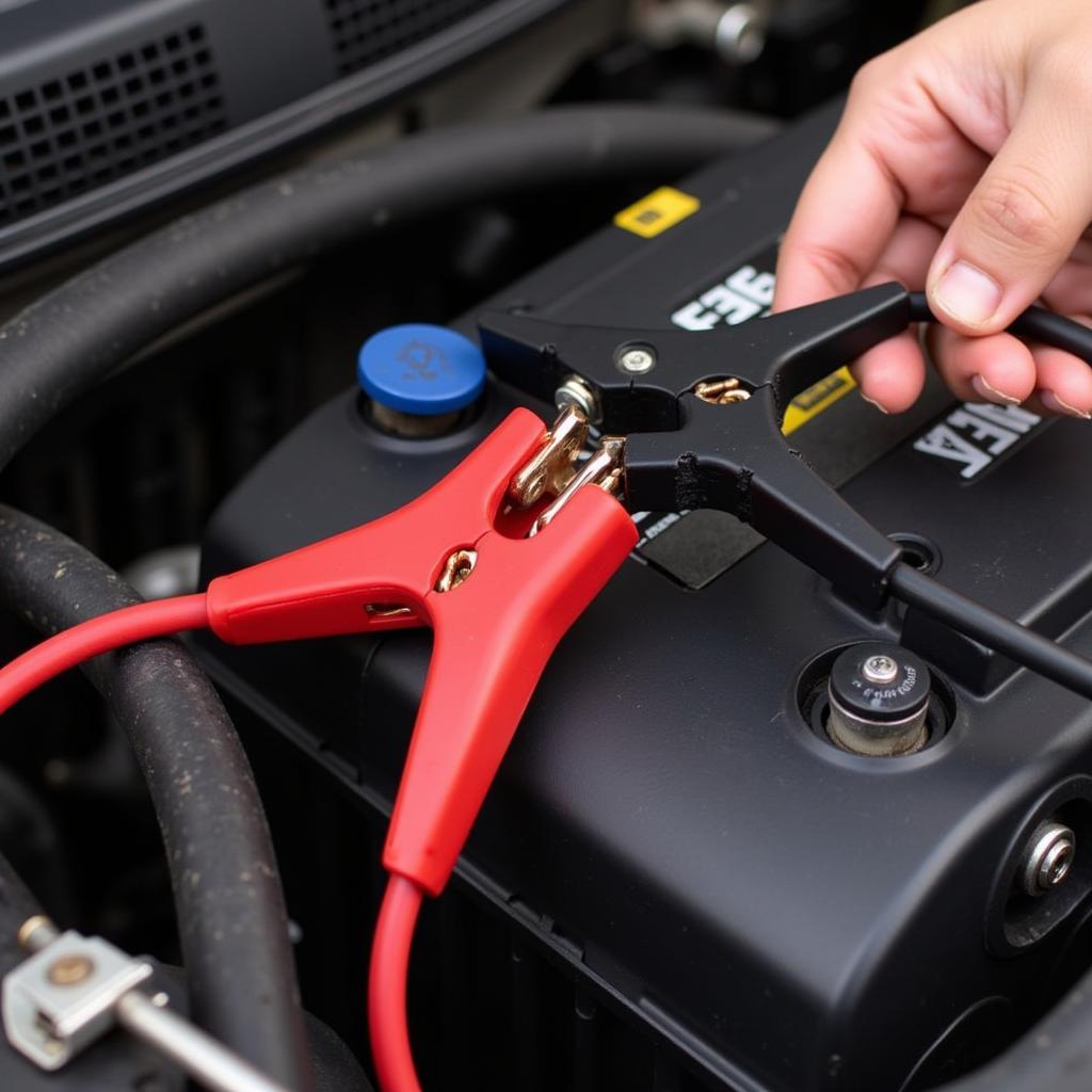 Car Battery Jumper Cables Connected to a Dead Battery