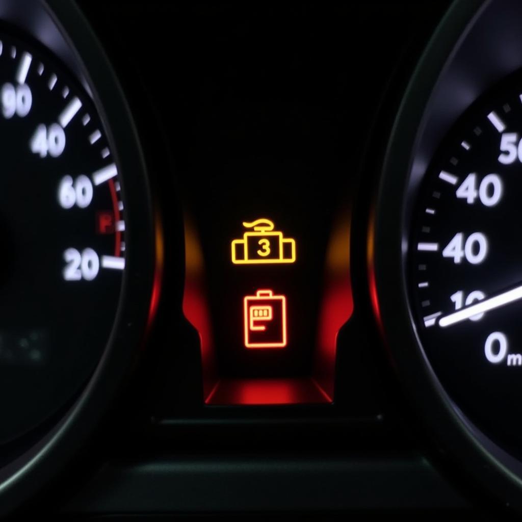 Engine, Oil, and Battery Warning Lights Illuminated on Car Dashboard