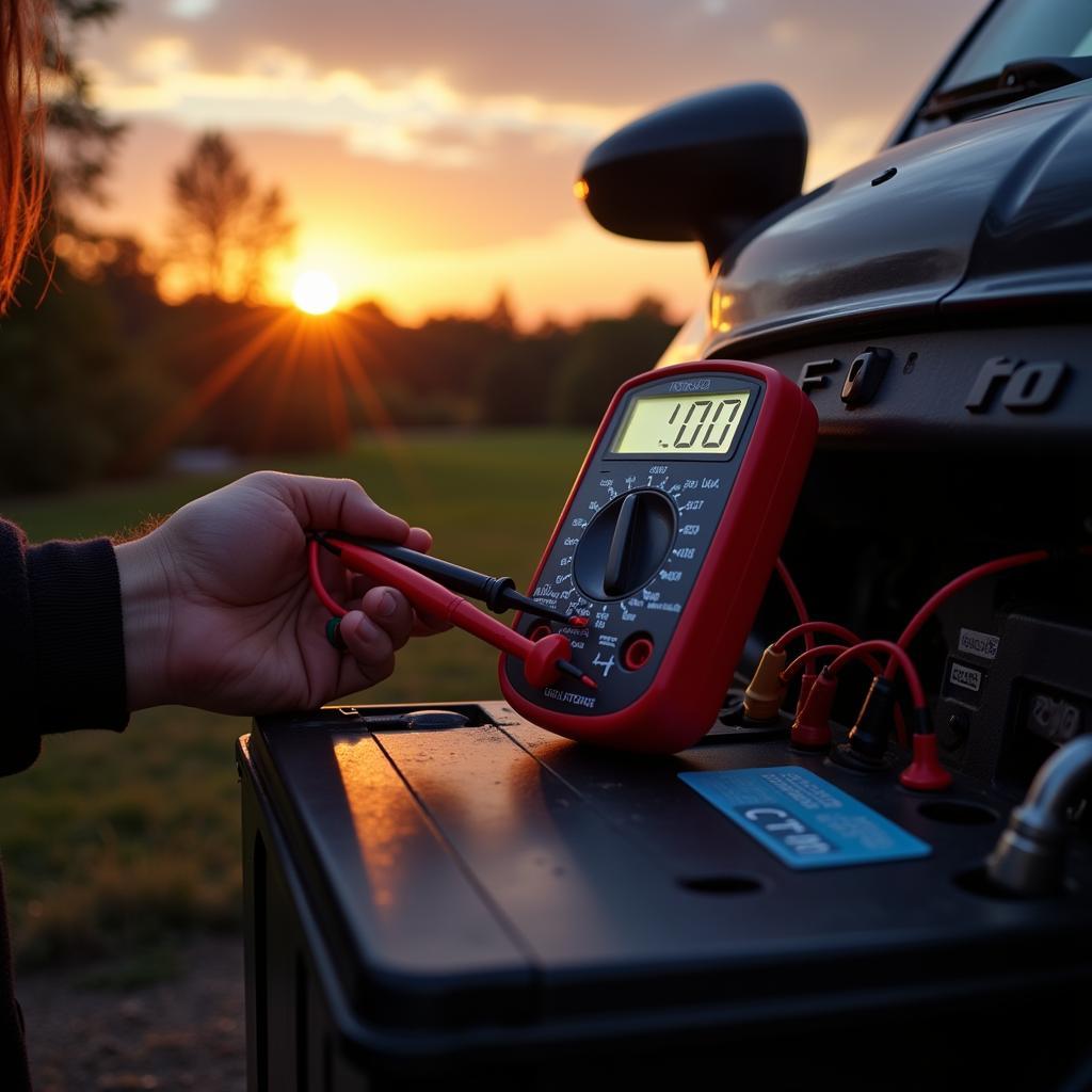 Testing the voltage of a Fiat 500 battery with a multimeter