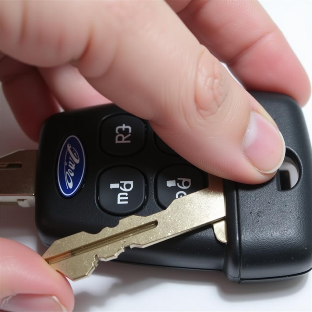 Pressing the release button on a Ford flip key fob to access the physical key.