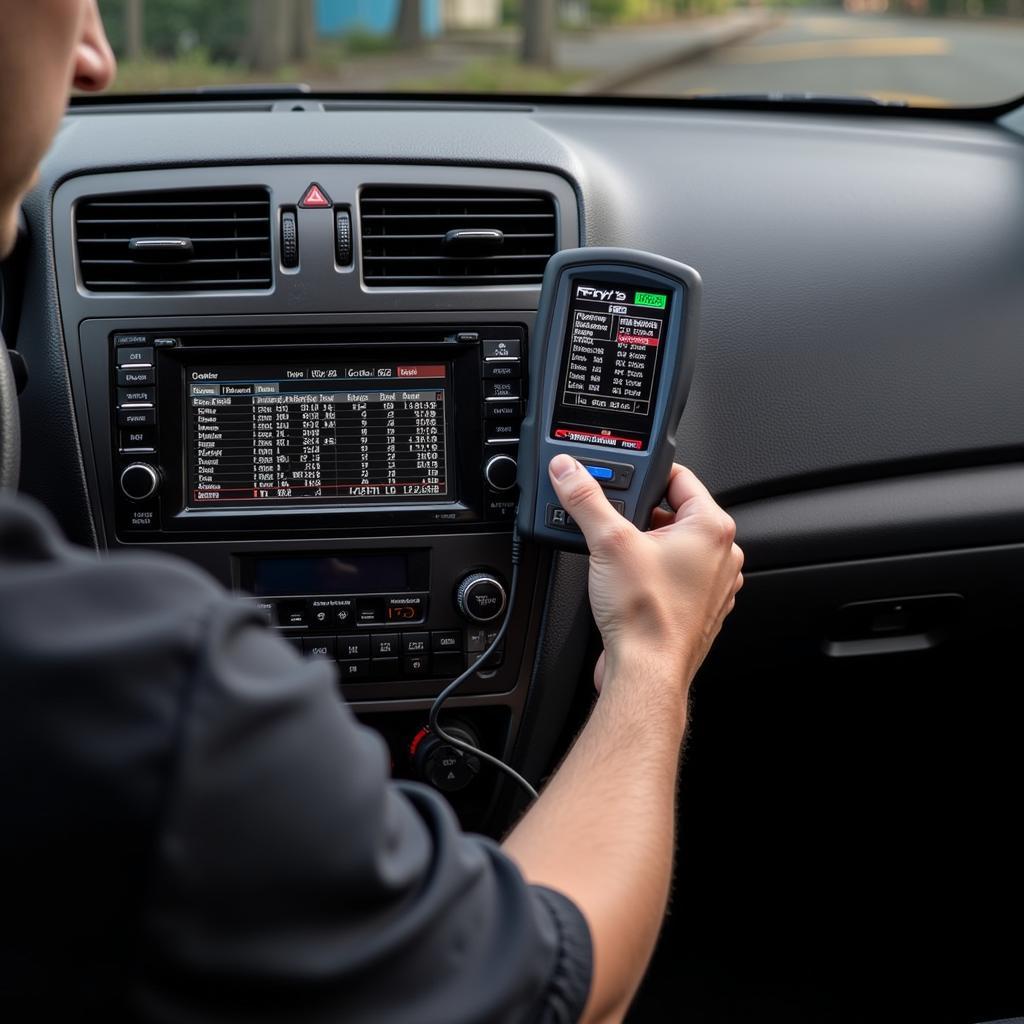 A technician diagnosing a Fry's car radio with specialized diagnostic tools