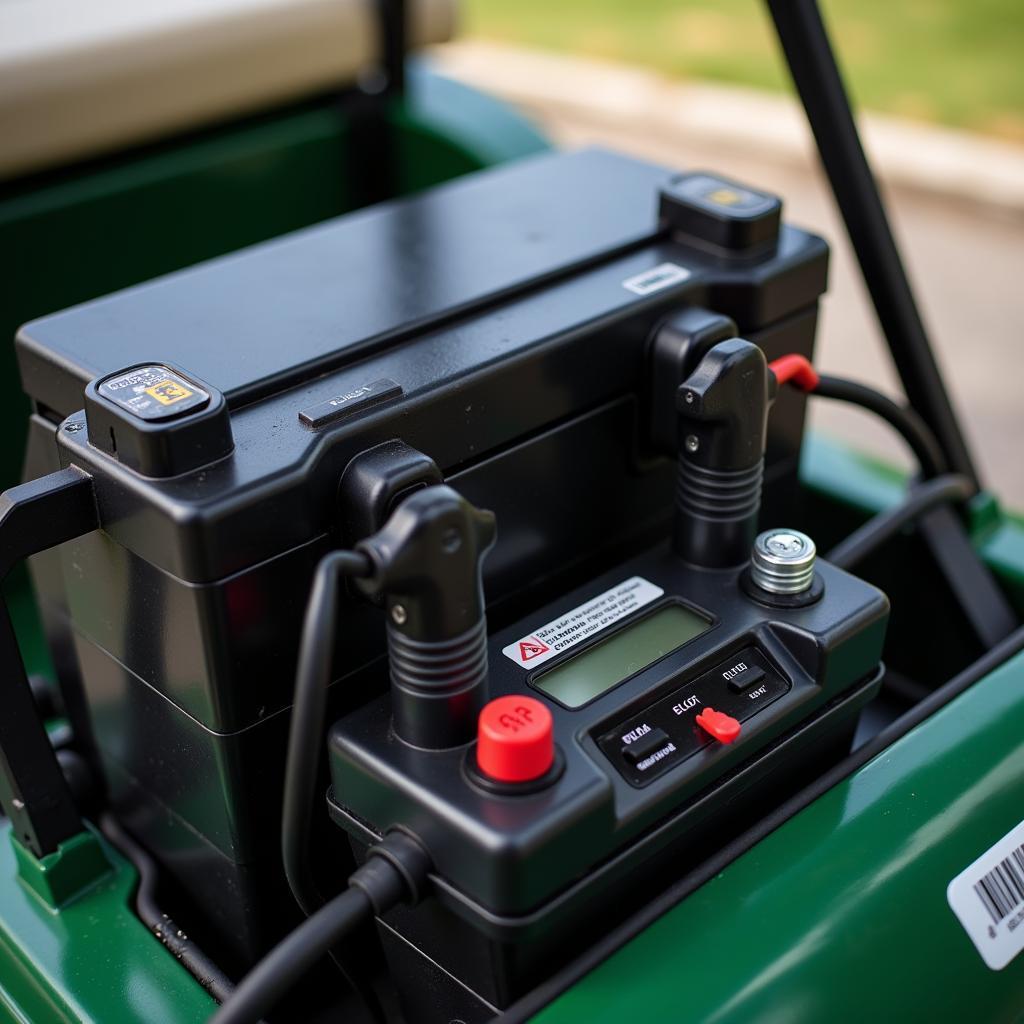 Golf Cart Not Charging - Close-up of battery charger connected to a golf cart battery that is not charging.