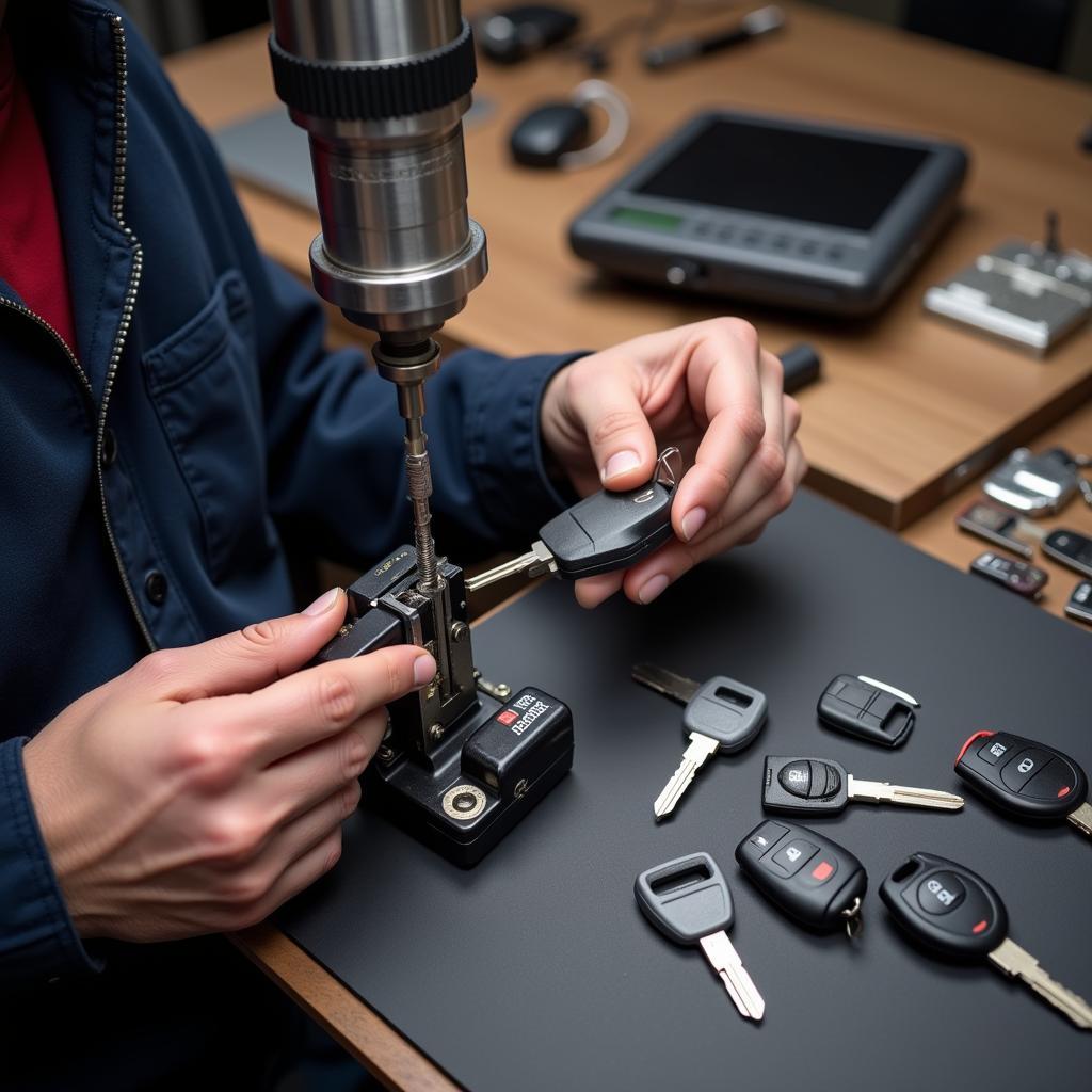 Locksmith cutting a new car key