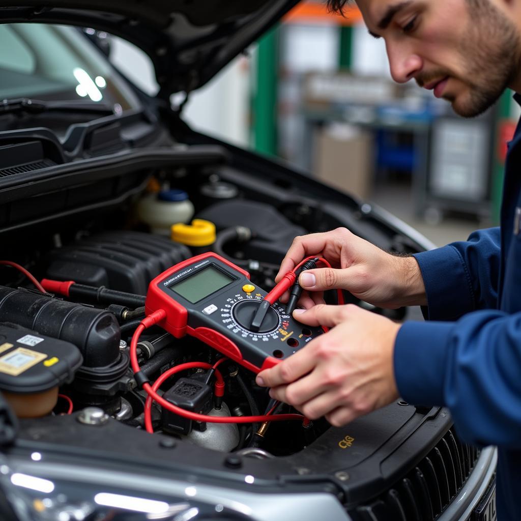 Mechanic using diagnostic tools on a car