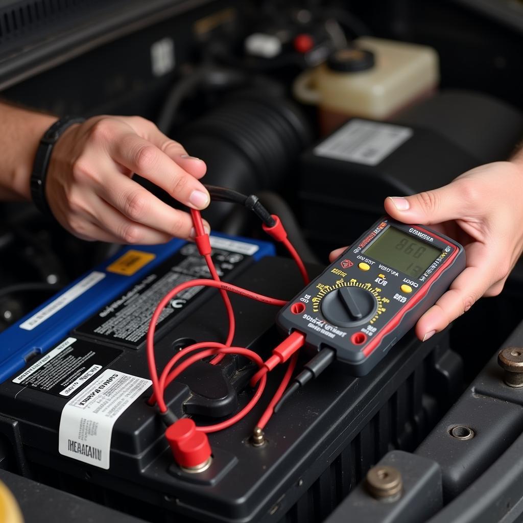 Mechanic Testing a Car Battery with a Multimeter