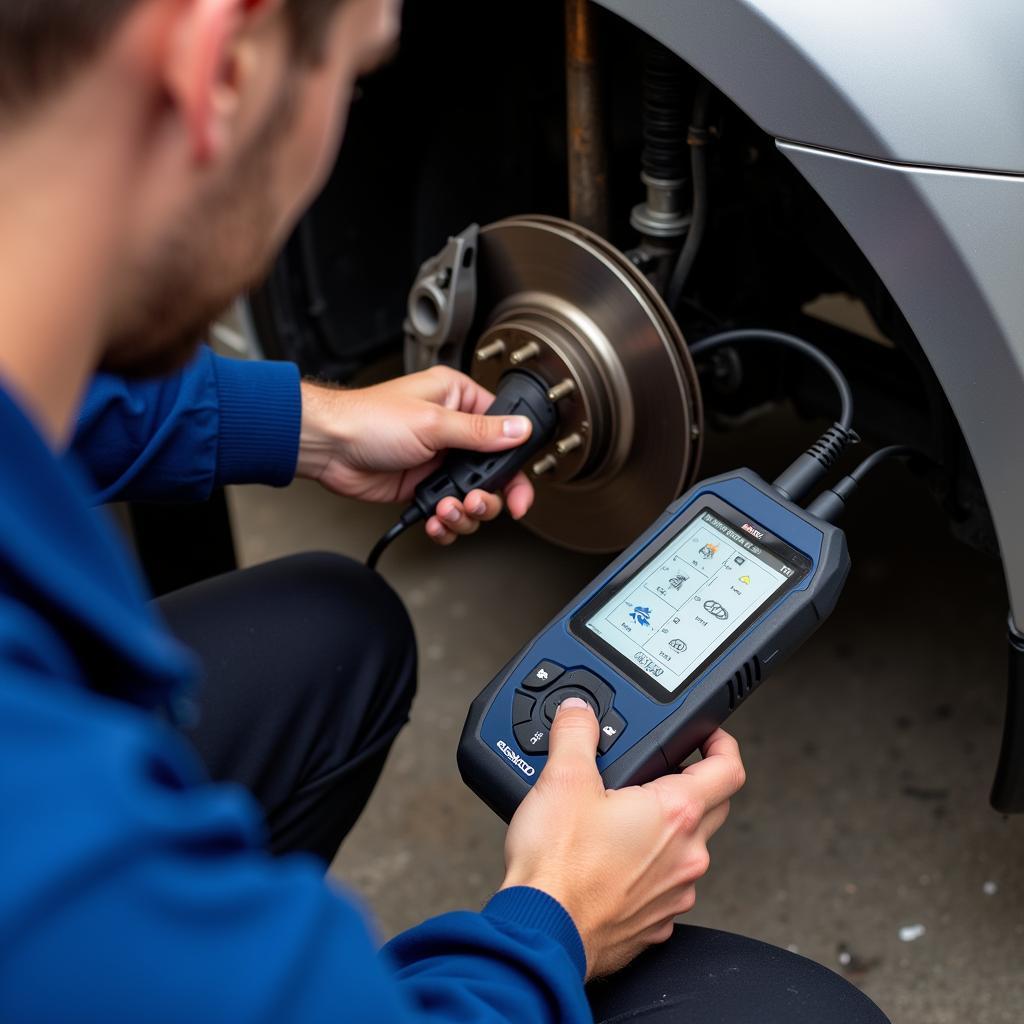 Mechanic using diagnostic tools on a car's brake system