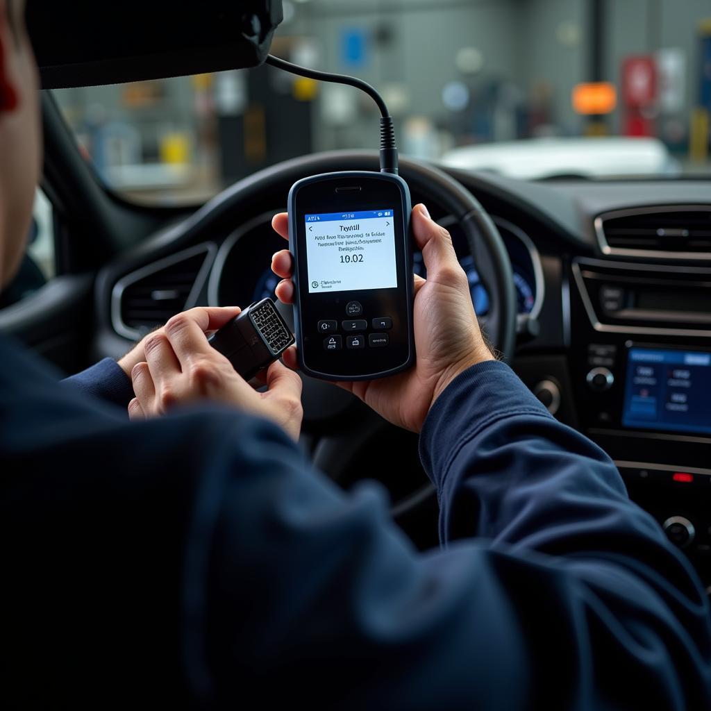 Mechanic diagnosing a car's anti-theft system