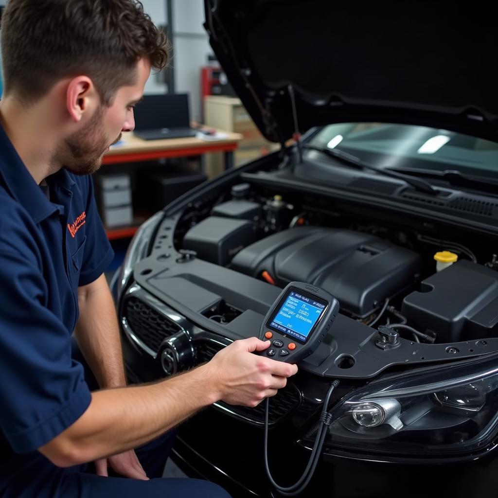 Mechanic Diagnosing Car No-Start Problem Using Diagnostic Scanner