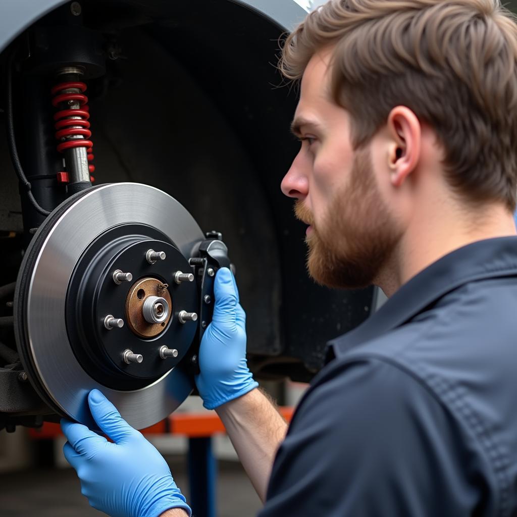 Mechanic Inspecting Car Brake System