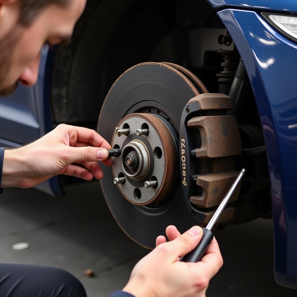 Mechanic Inspecting Jaguar XJ Brake Pads