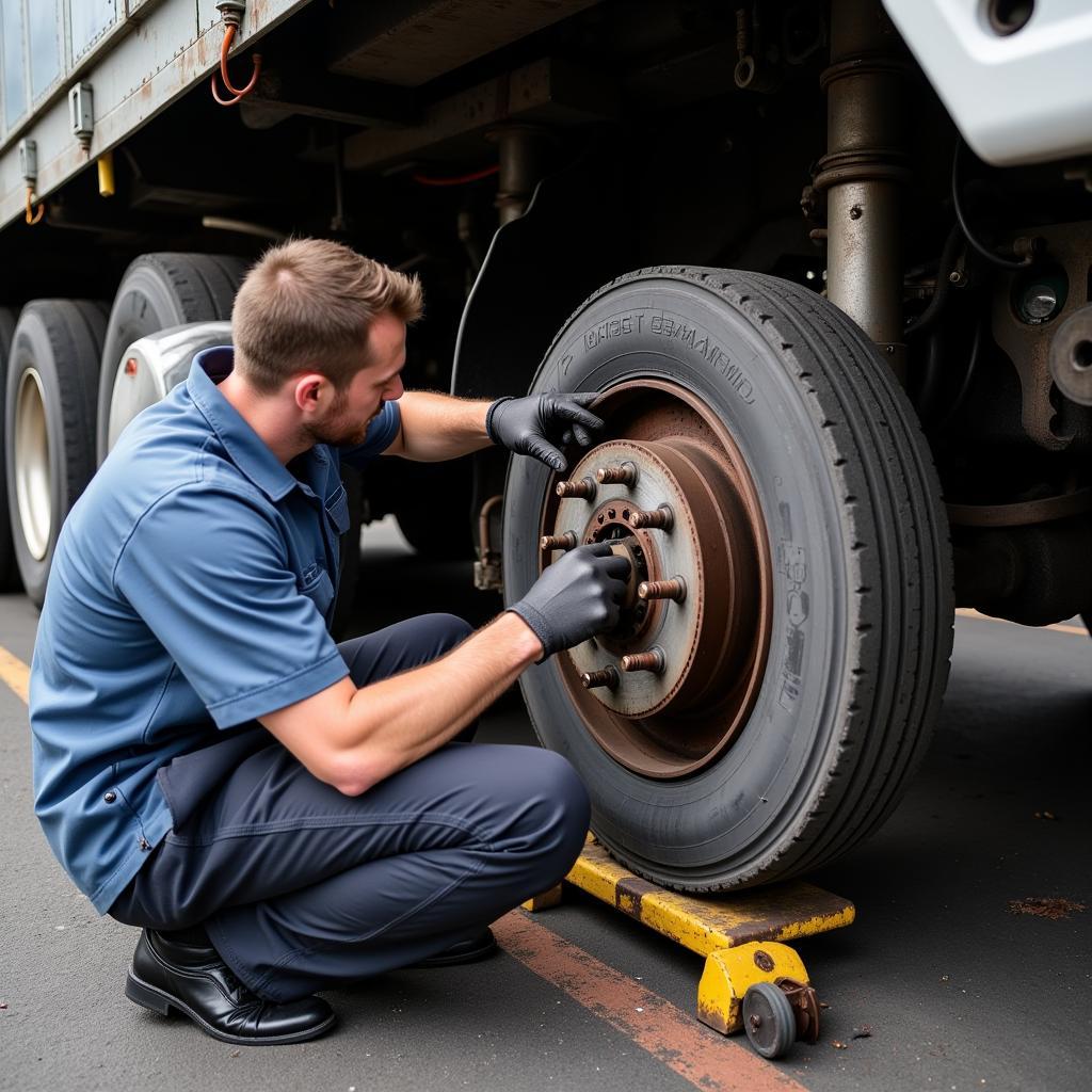 Mechanic Inspecting Semi Truck Brakes