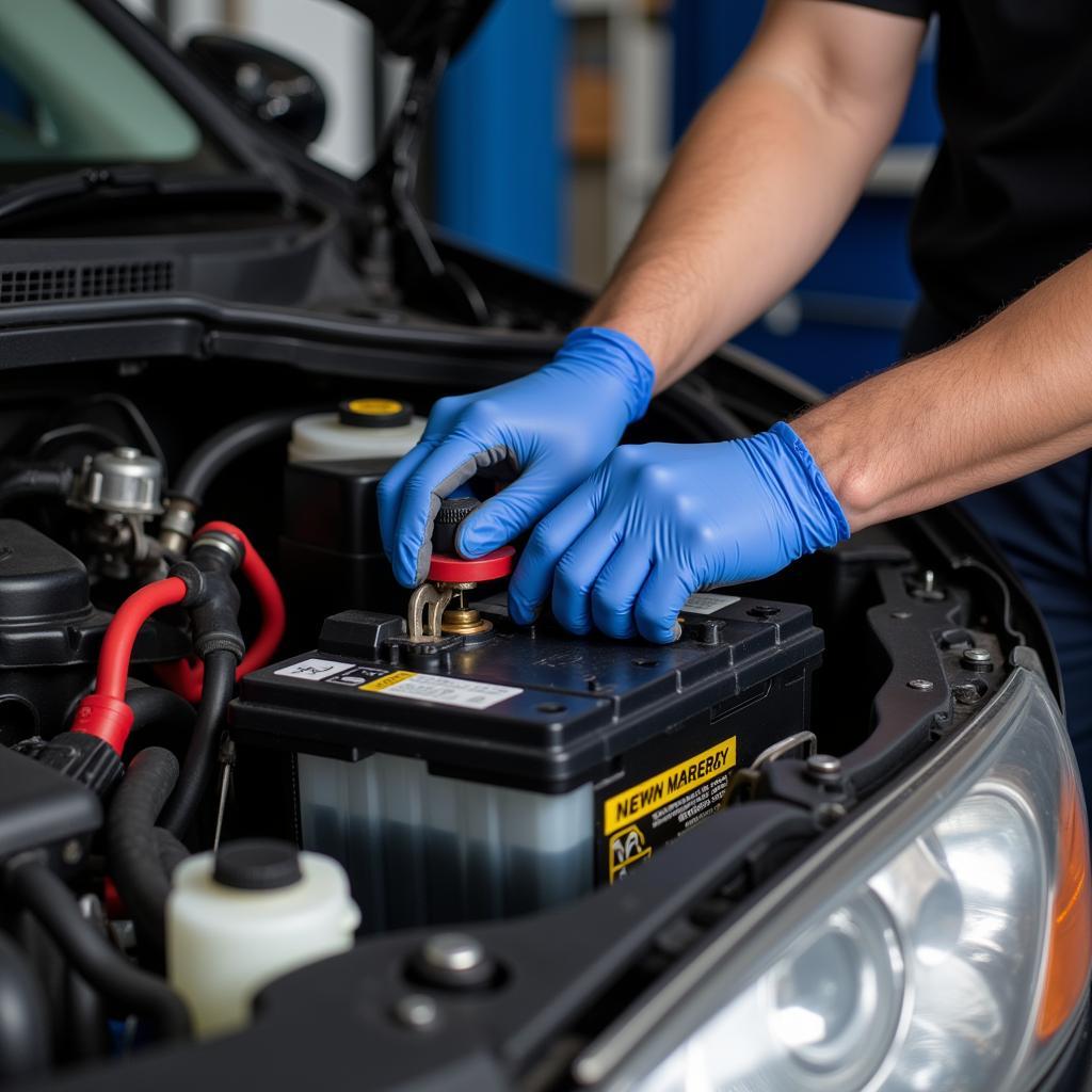 Mechanic Installing New Car Battery