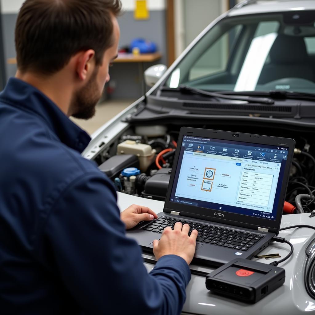 Mechanic Performing Car Diagnostics with a Computer