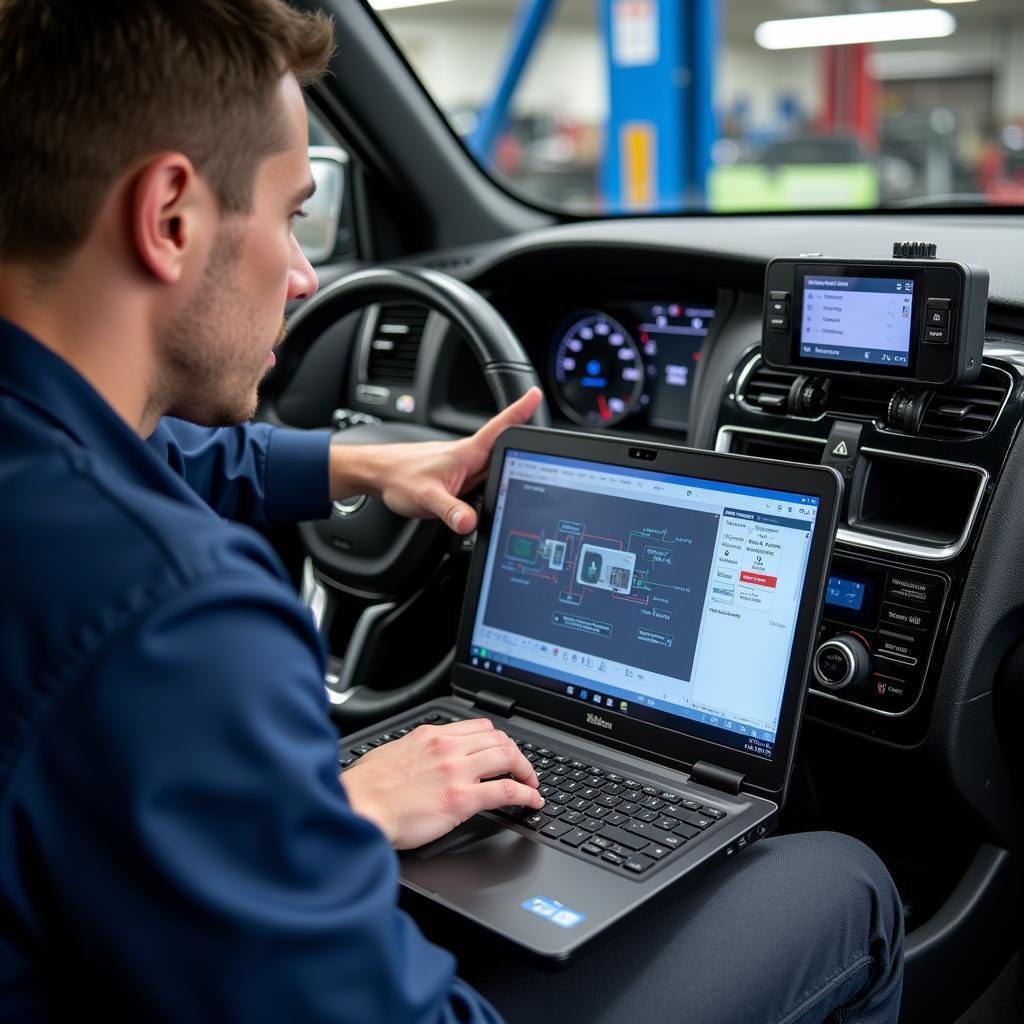 Mechanic Performing Remote Car Diagnostics on a Laptop