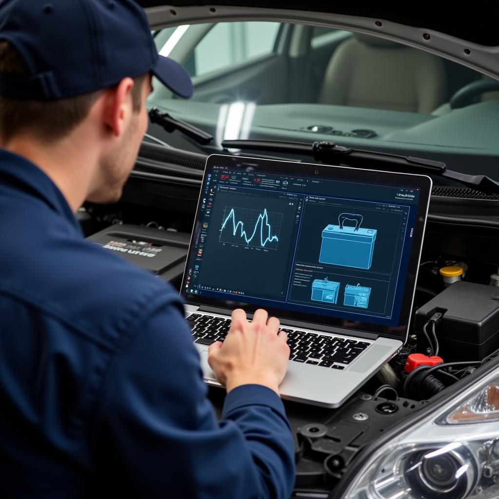 Mechanic Performing Remote Diagnostics on Car Battery