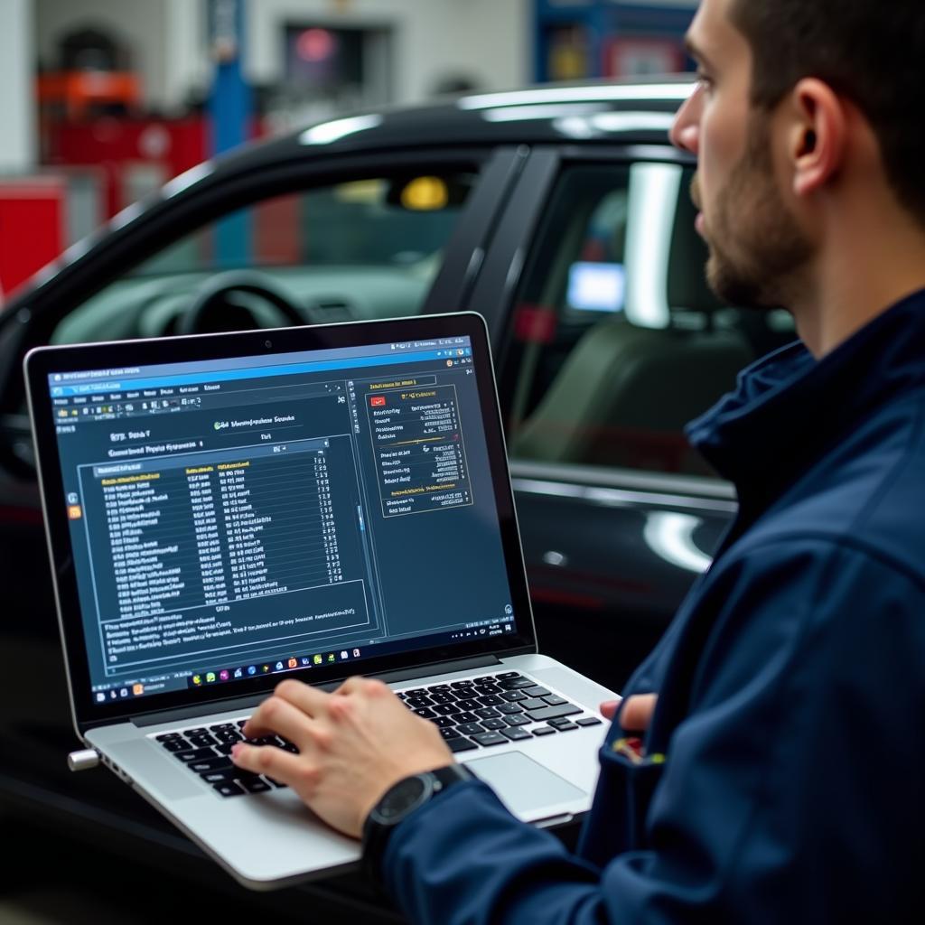 Mechanic Performing Remote Diagnostics on a Car