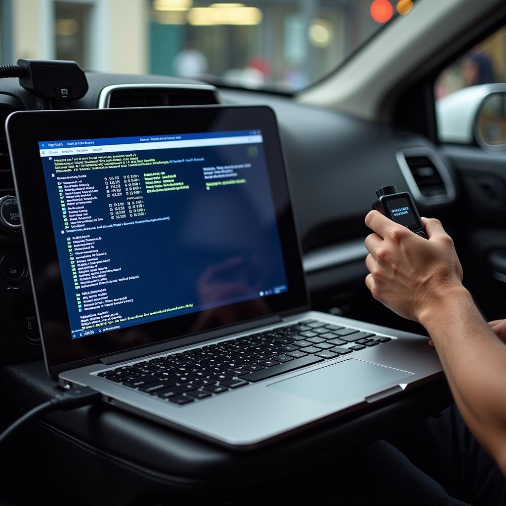 Mechanic performing a software update on a car's computer system.