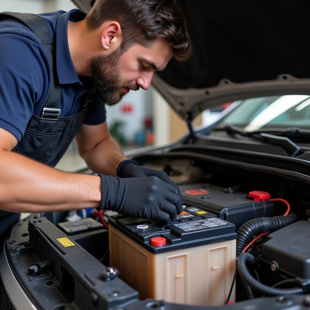 Mechanic replacing car battery