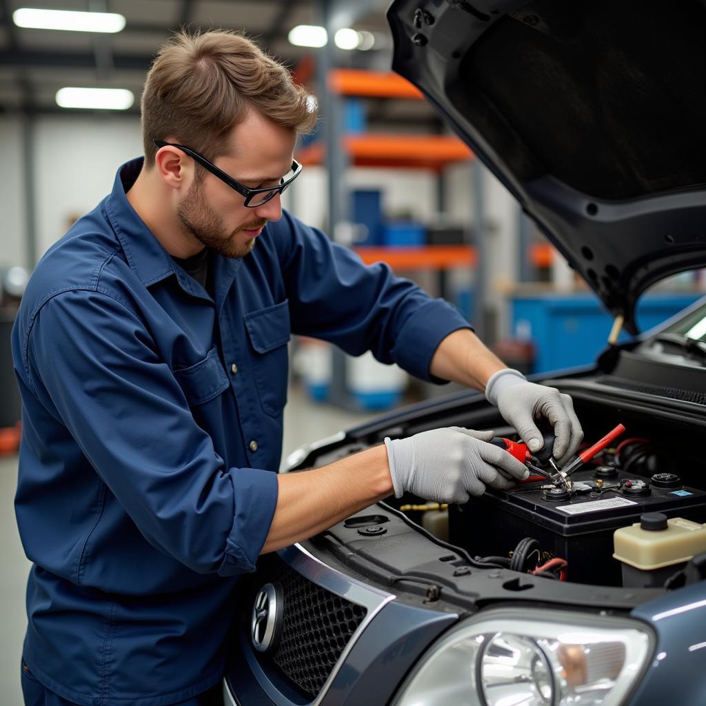 Mechanic Replacing a Car Battery