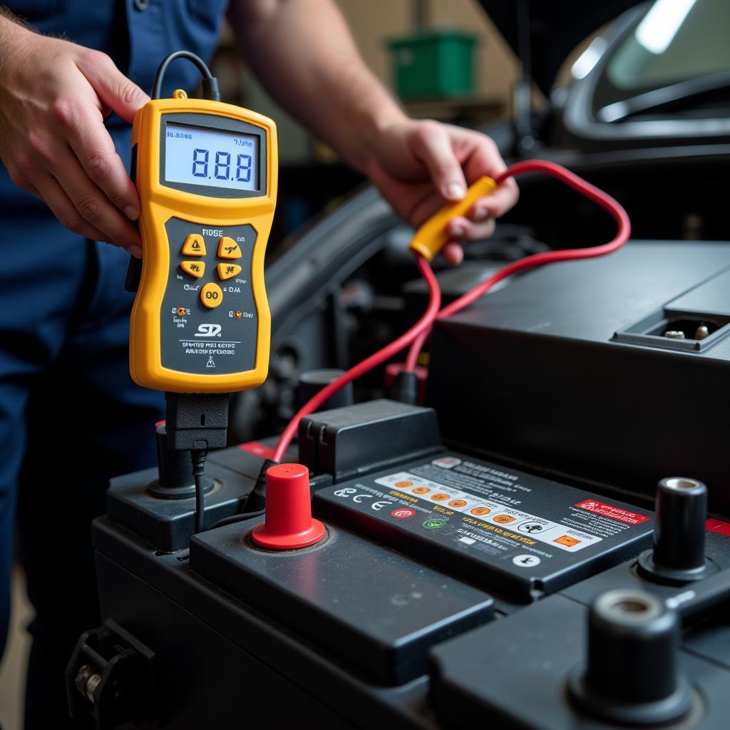 Mechanic Testing a Car Battery