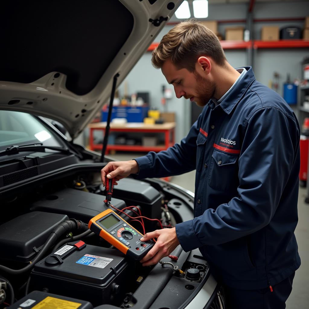 Mechanic Testing Car Battery for Parasitic Drain